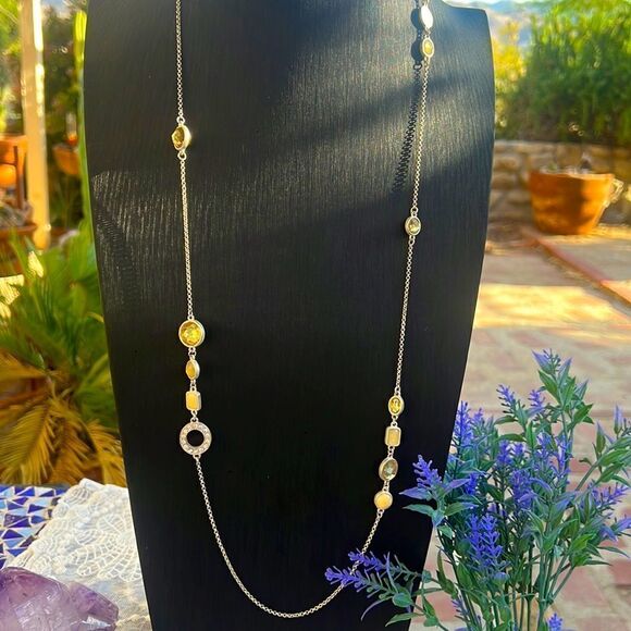 Vintage Jewelry - Matte Silver Cream Gold & Rhinestone Long Necklace 36”
